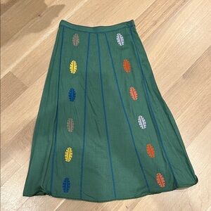 Zara Green cotton-linen A-Line Skirt with Colorful Embroidered Accents